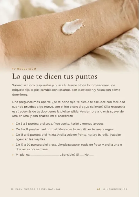 Página de muestra de Mi planificador de piel natural: Tu primer resultado en 5 minutos